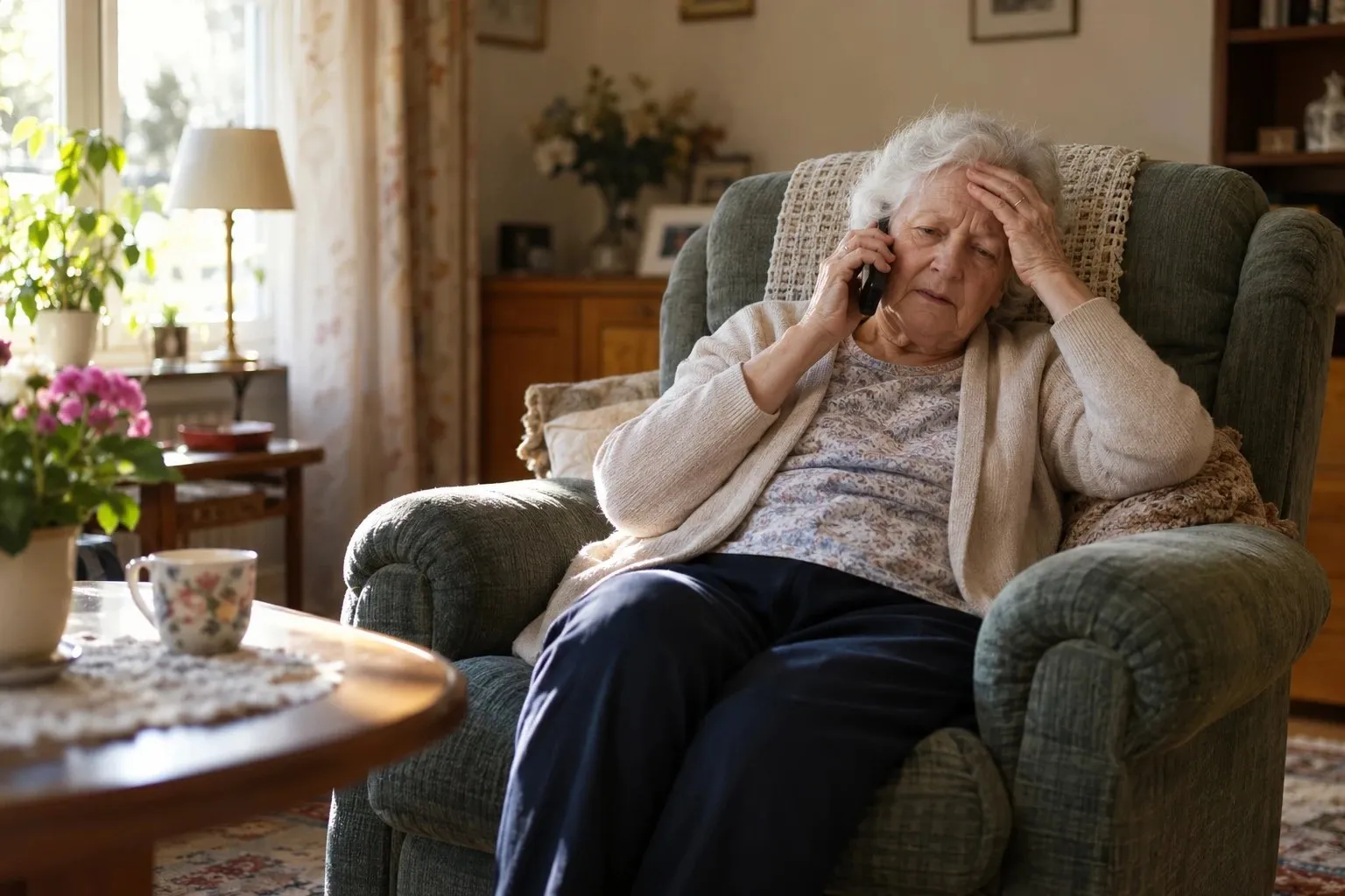 Dame âgée assise dans son fauteuil, au téléphone, la main sur le front