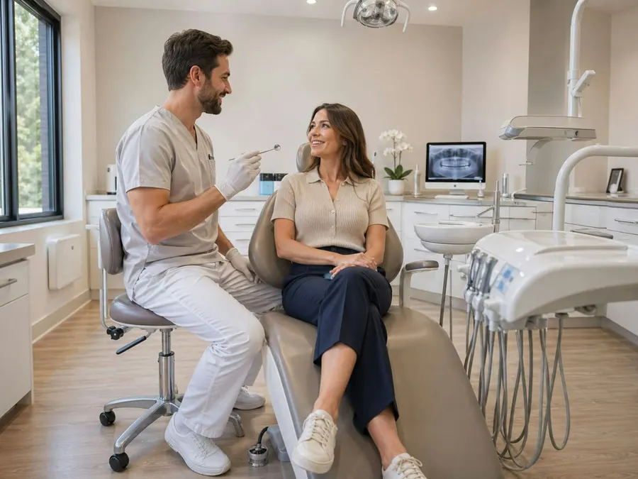 Praticien échangeant avec une patiente installée dans le fauteuil d'un cabinet dentaire