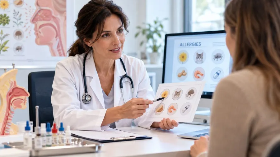 Allergologue expliquant à une patiente les principaux allergènes lors d'une consultation